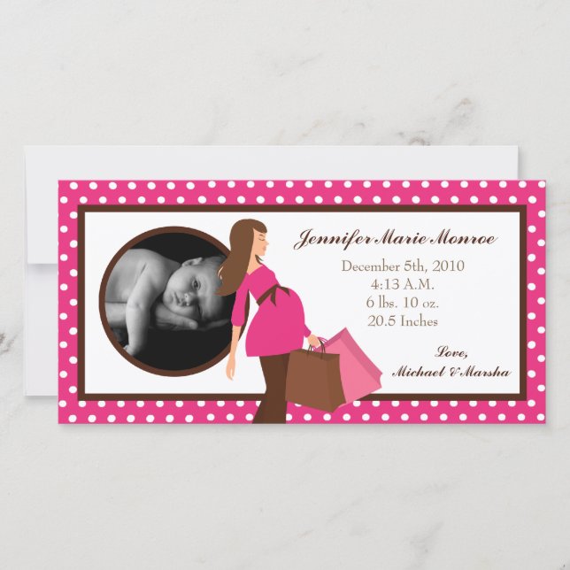 4x8 Pink Mod Mom Polka Photo Birth Announcement (Front)