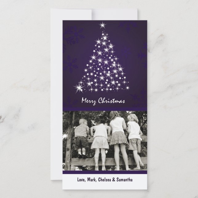 4x8 Purpl Snowflake XMAS Tree PHOTO Christmas Card (Front)