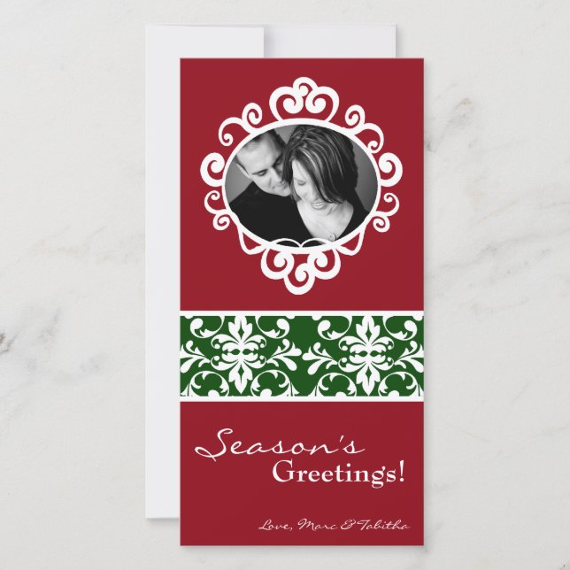 4x8 Red Green Damask Frame PHOTO Christmas Card (Front)