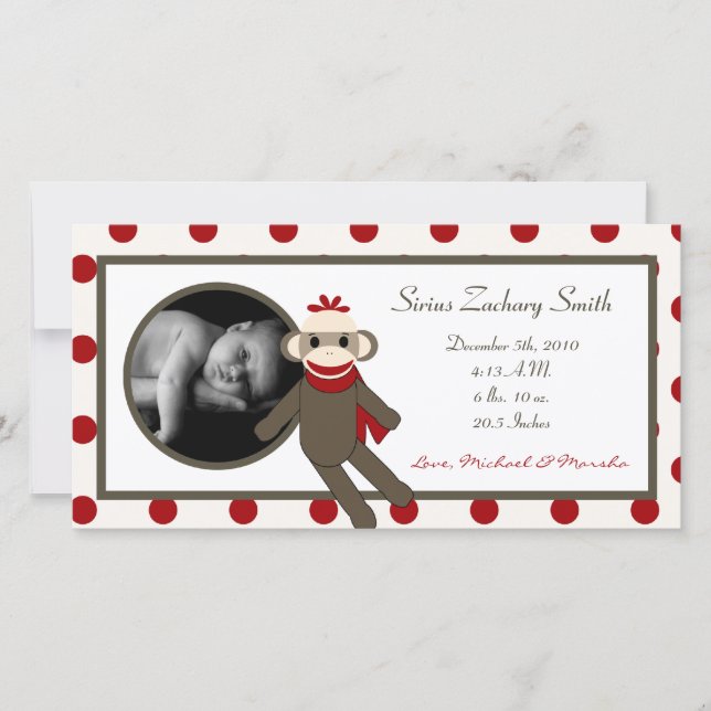 4x8 Red Sock Monkey Birth Announcement (Front)