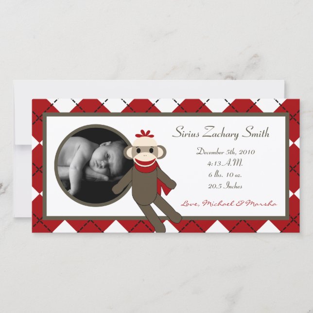 4x8 Red Sock Monkey Birth Announcement (Front)
