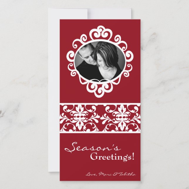 4x8 Red White Damask Frame PHOTO Christmas Card (Front)