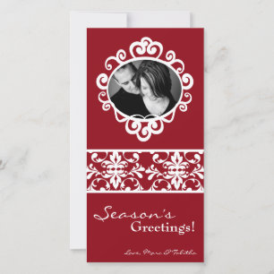 4x8 Red White Damask Frame PHOTO Christmas Card