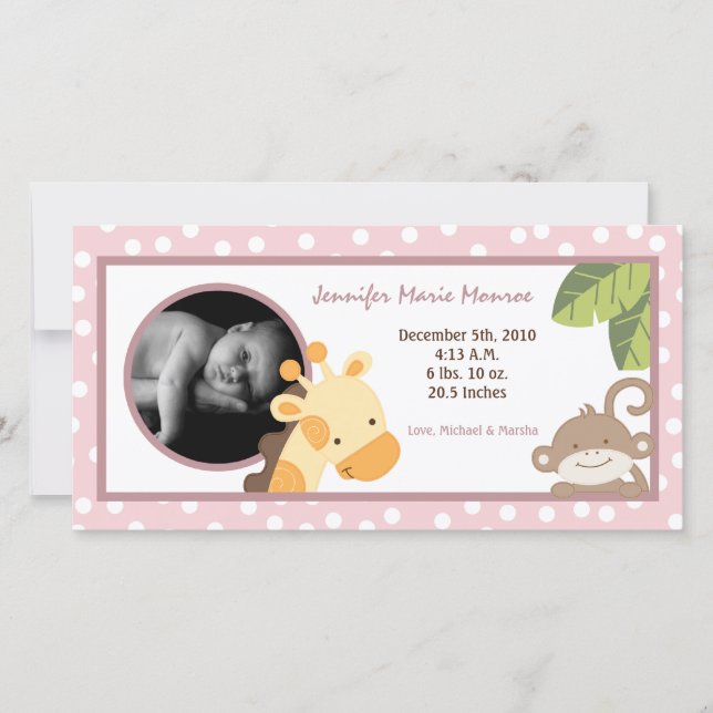 4x8 Safari Adventure Photo Birth Announcement Pink (Front)