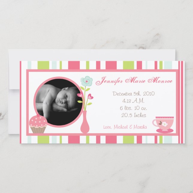 4x8 Tea Party Pink Pastel Faire-part de naissance  (Devant)