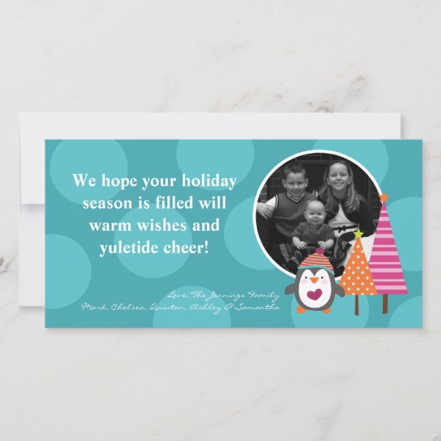 4x8 Teal Penguin Tree Polka PHOTO Christmas Card (Front)