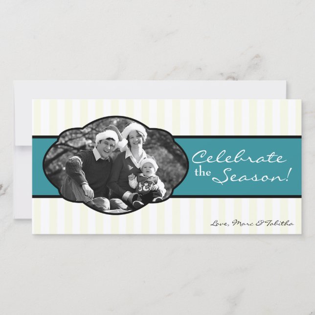 4x8 Teal White Striped Frame PHOTO Christmas Card (Front)