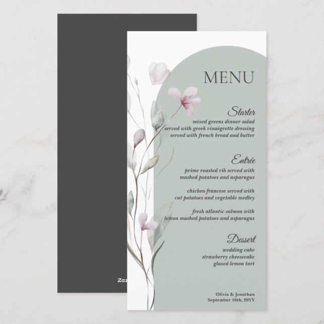 4x8" Watercolor Botanical Wedding Table Menu Card (Front/Back)