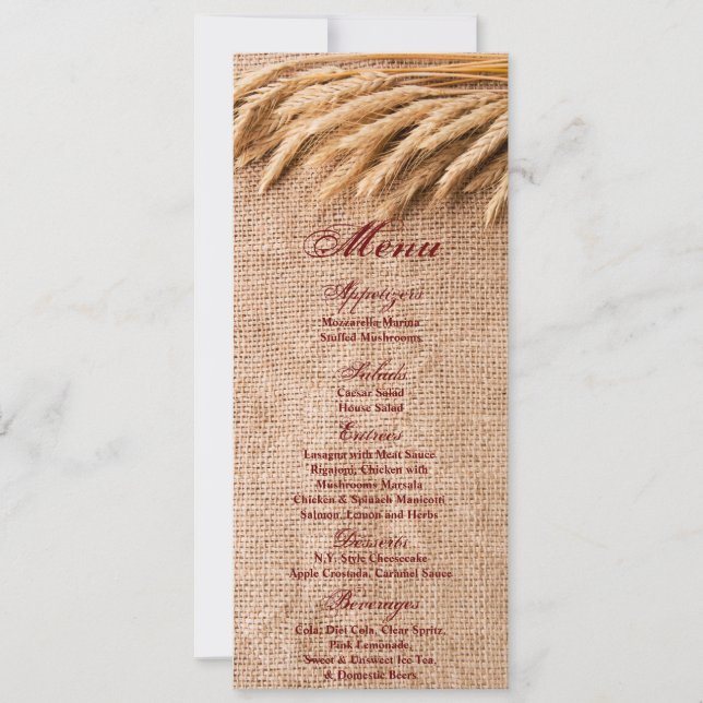 4x9.25 Cartes de menu Blé sur Burlap Sack Country  (Devant)