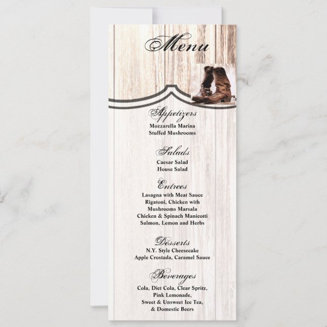 4x9.25 Cartes de menu Boots Country Rustic Western (Devant)