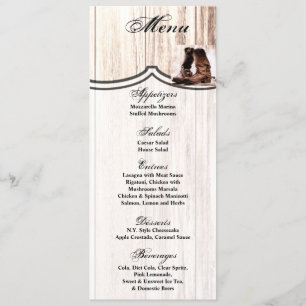 4x9.25 Cartes de menu Boots Country Rustic Western