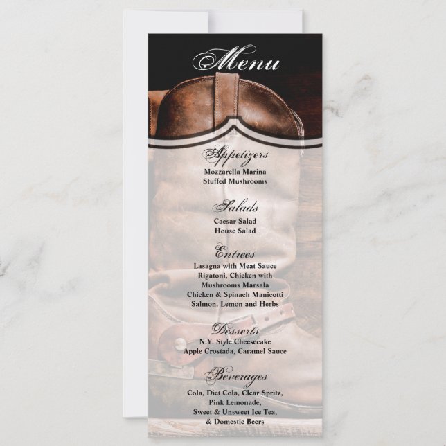 4x9.25 Cartes de menu Cowboy Boots Barn Wood Rusti (Devant)