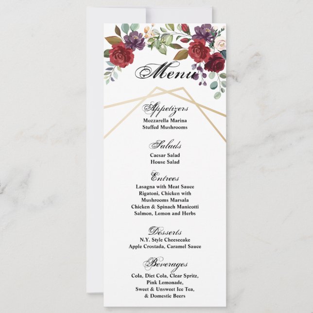 4x9.25 Cartes de menu Roses blanches or Flore géom (Devant)