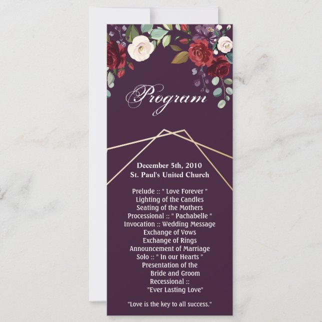 4x9.25 Cartes de programme Plum Purple Rose Gold G (Devant)