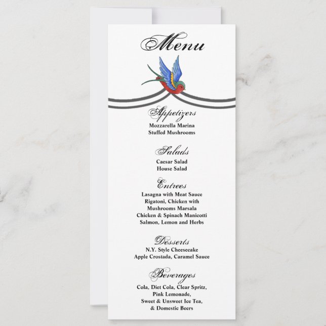 4x9.25 Menu Cards Traditional Bird Tattoo Sparrow (Front)