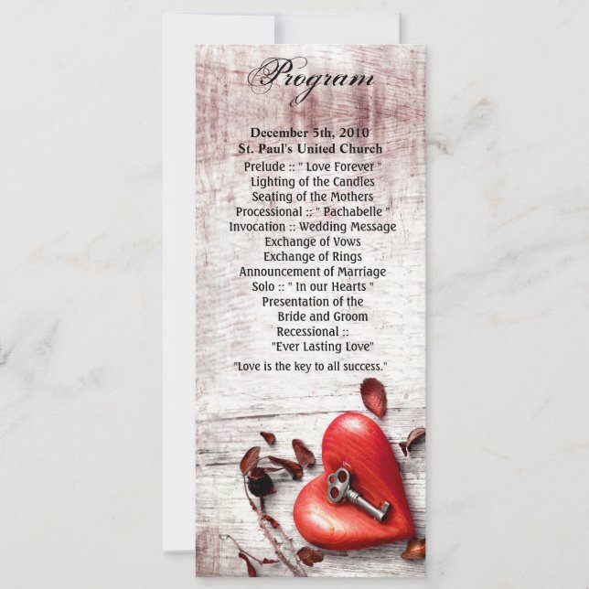 4x9.25 Program Cards Country Wood Key to my Heart  (Front)