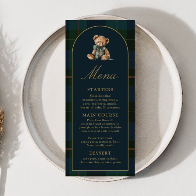 4x9" Classic Teddy Bear Plaid Baby Shower Menu (Creator Uploaded)