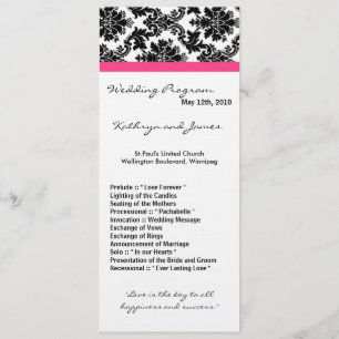 4x9 Wedding Program - Black Damask and Hot Pink
