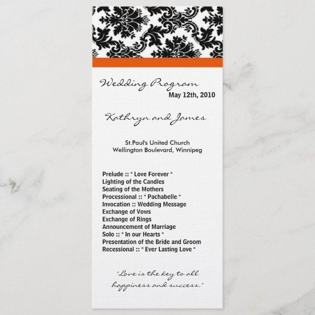 4x9 Wedding Program - Black Damask and Orange (Front)