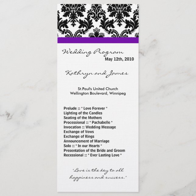 4x9 Wedding Program - Black Damask and Purple (Front)