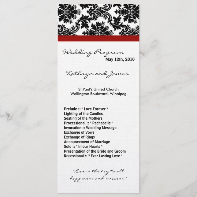 4x9 Wedding Program - Black Damask Red Crimson (Front)