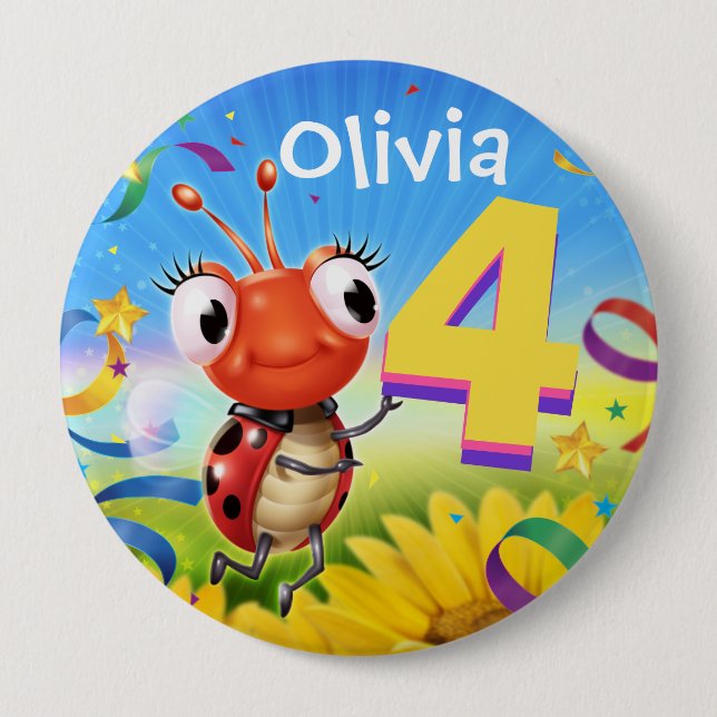 4yrs Custom birthday badge Little Ladybug range 4 Inch Round Button (Front)