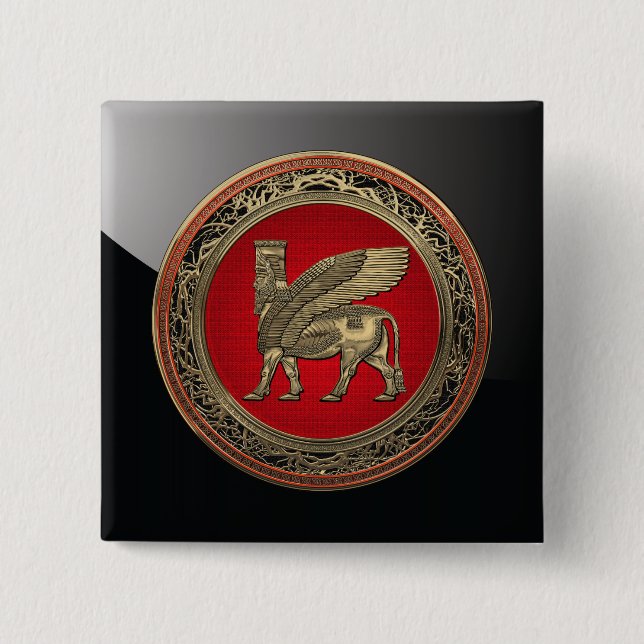 [500] Assyrian Winged Bull - Gold Lamassu 2 Inch Square Button (Front)