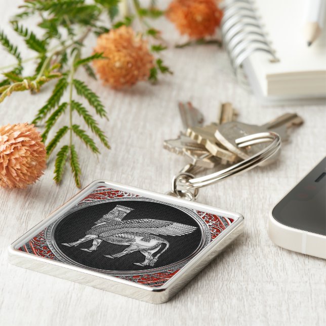 [500] Assyrian Winged Bull - Silver Lamassu Keychain (Side)