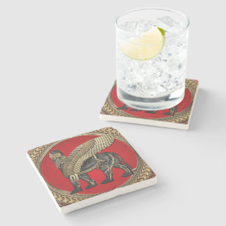[500] Assyrian Winged Lion: Gold & Black Lamassu Stone Coaster