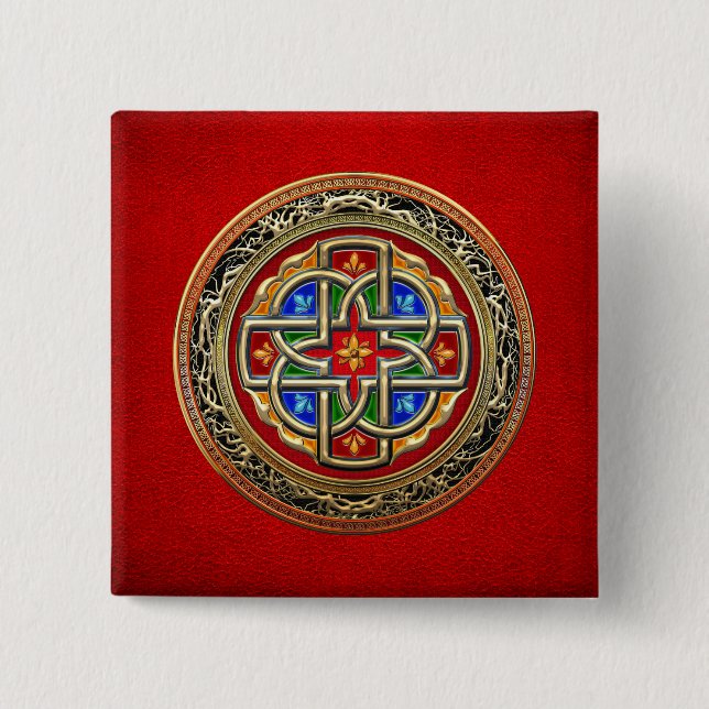 [500] Celtic Cross [Gold+Enamel] 2 Inch Square Button (Front)