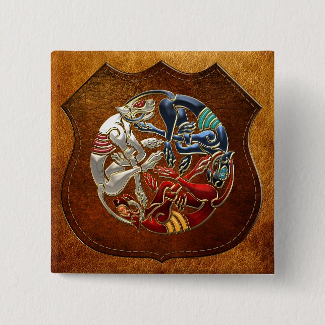 [500] Celtic Sacred Art - Three Dogs 2 Inch Square Button (Front)