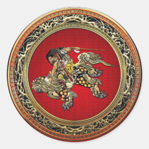 [500] Hokusai - Shoki Riding Shishi Lion Classic Round Sticker