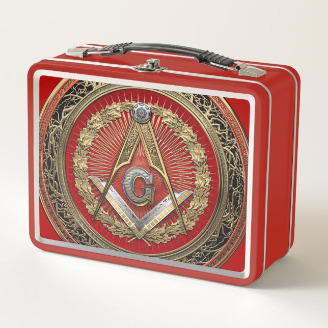 [500] Master Mason - Gold Square & Compasses Metal Lunch Box (Front)