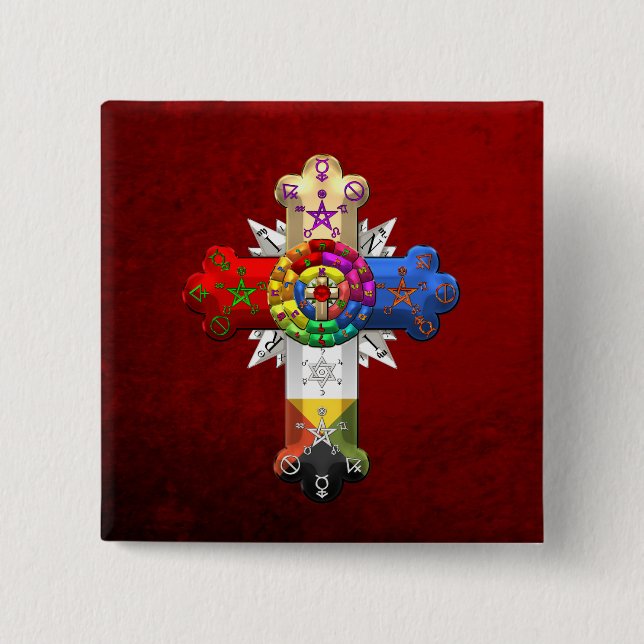 [500] Rosy Cross (Rose Croix) 2 Inch Square Button (Front)