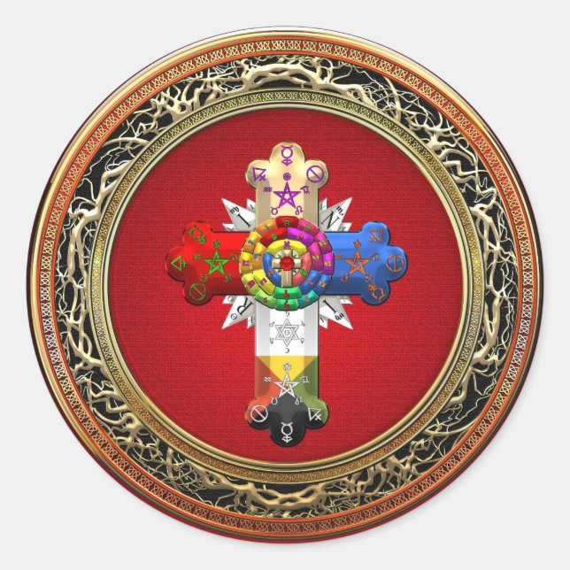 [500] Rosy Cross (Rose Croix) on Red & Gold Classic Round Sticker (Front)