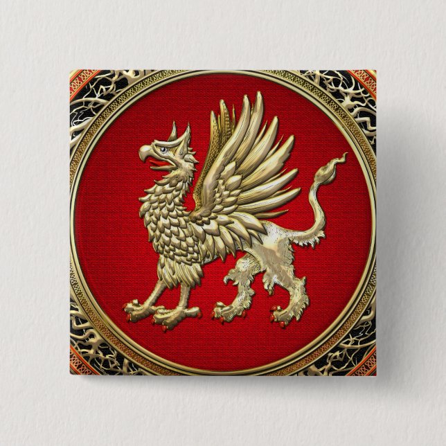 [500] Sacred Gold Griffin 2 Inch Square Button (Front)