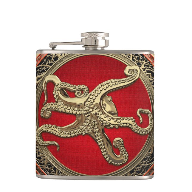 [500] Sacred Gold Octopus in Defensive Posture Hip Flask (Front)