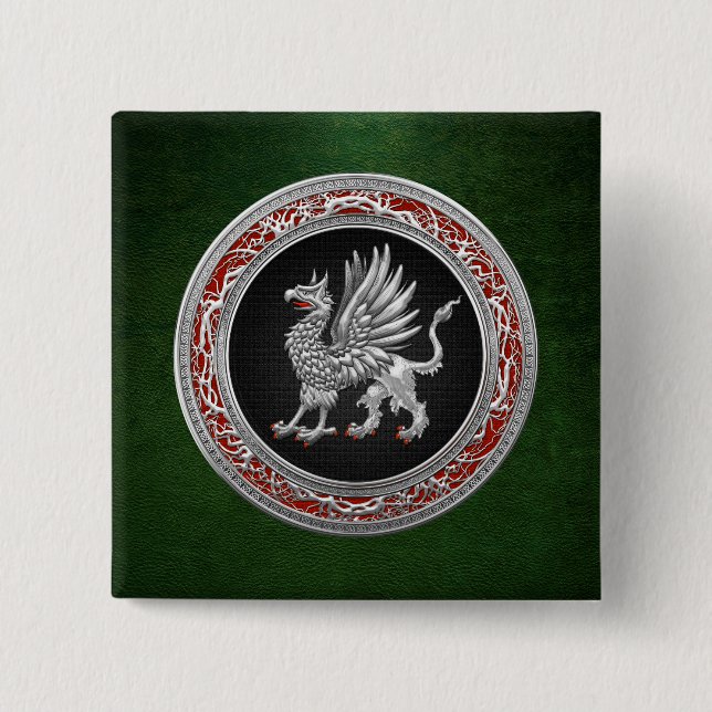 [500] Sacred Silver Griffin 2 Inch Square Button (Front)