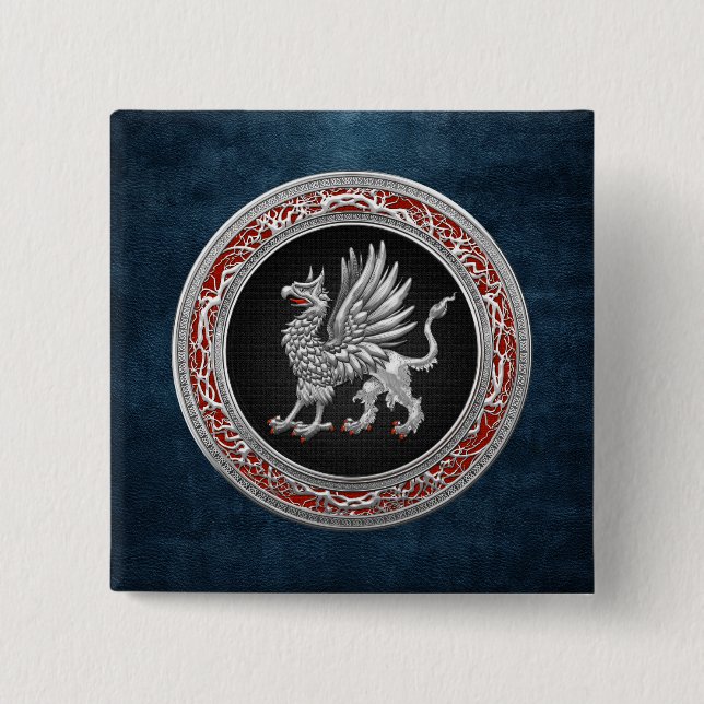 [500] Sacred Silver Griffin 2 Inch Square Button (Front)