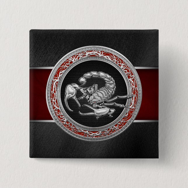 [500] Sacred Silver Scorpion on Black 2 Inch Square Button (Front)