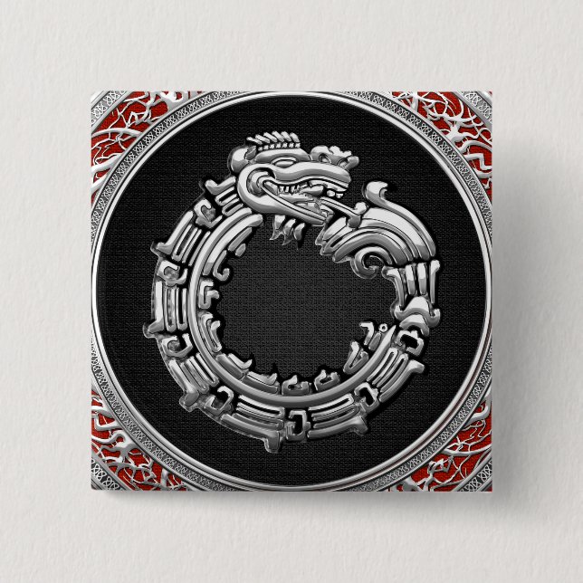 [500] Serpent God Quetzalcoatl [Silver] 2 Inch Square Button (Front)
