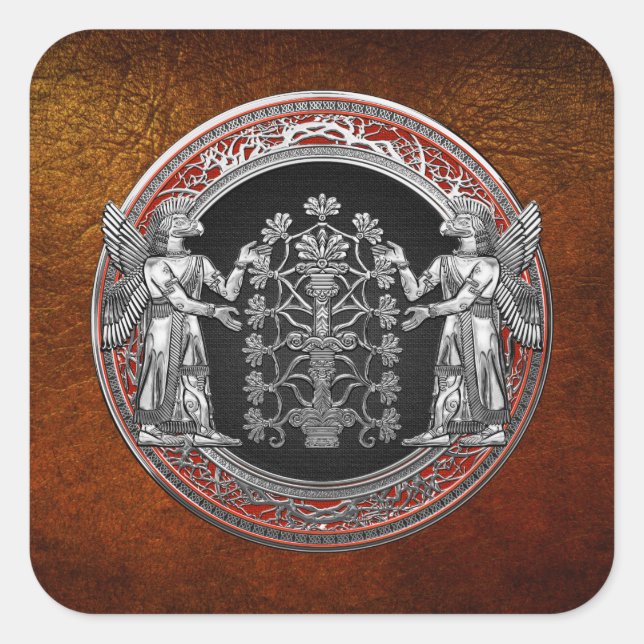 [500] Two Silver Ninurtas with Tree of Life Square Sticker (Front)