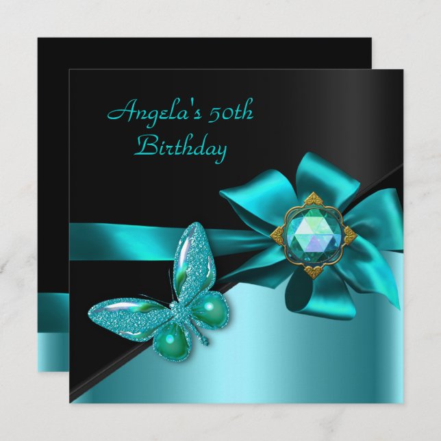 50 50th Birthday Party Teal Blue Butterfly Invitation (Front/Back)