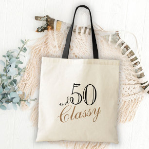 50 and Classy Elegant Black Golden Script Birthday Tote Bag