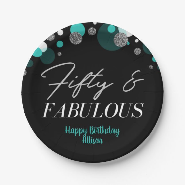 50 and Fablous  Birthday Teal Siver Confetti   Paper Plate (Front)