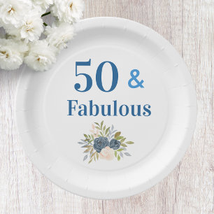 50 and Fabulous 50th Birthday Blue Paper Plates