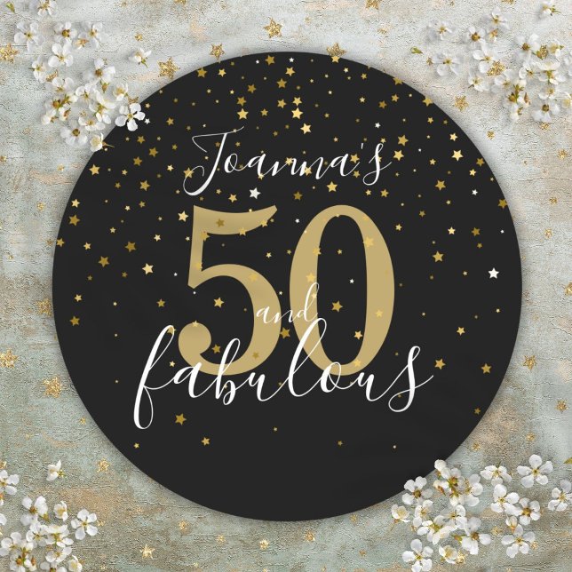 50 and Fabulous 50th Birthday Gold Black Script Classic Round Sticker (50 and Fabulous 50th Birthday Gold Black Script Classic Round Sticker)