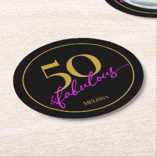 50 and Fabulous 50th Birthday Party Black and Gold Round Paper Coaster
