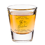 50 and Fabulous 50th Birthday Party Favour Shot Glass<br><div class="desc">50 & Fabulous - Toast to a Life Well Celebrated! Fun and chic 50th birthday party shot glass. "50 & Fabulous" is written in a stylish script and you can personalize the "Take a Shot She's Still Hot" text,  her name and the party date.</div>