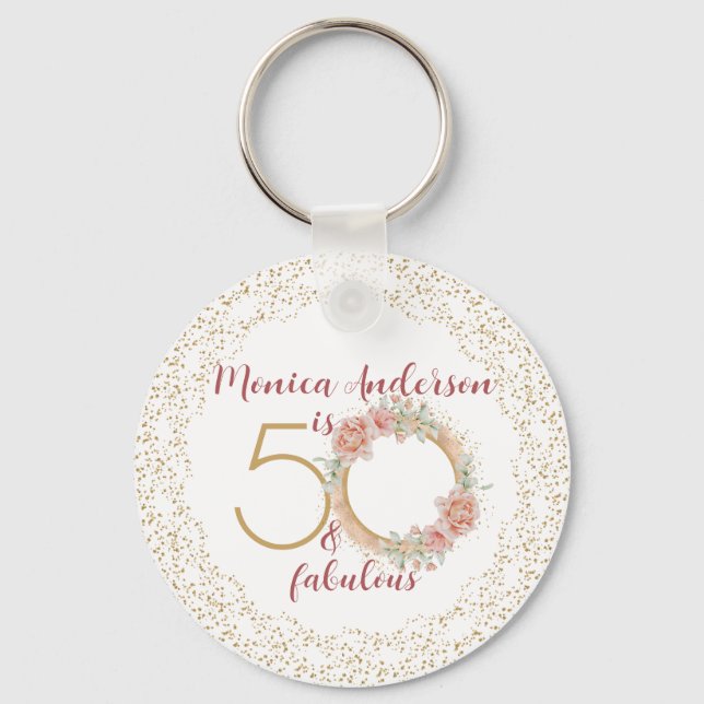 50 and Fabulous 50th Birthday Party Glitter Name Keychain (Front)